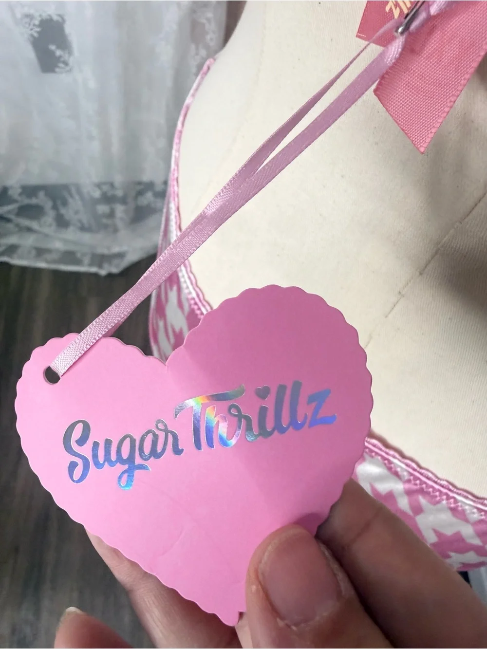 Sugar Thrillz Pink Houndstooth Satin Lingerie Set BIN#16